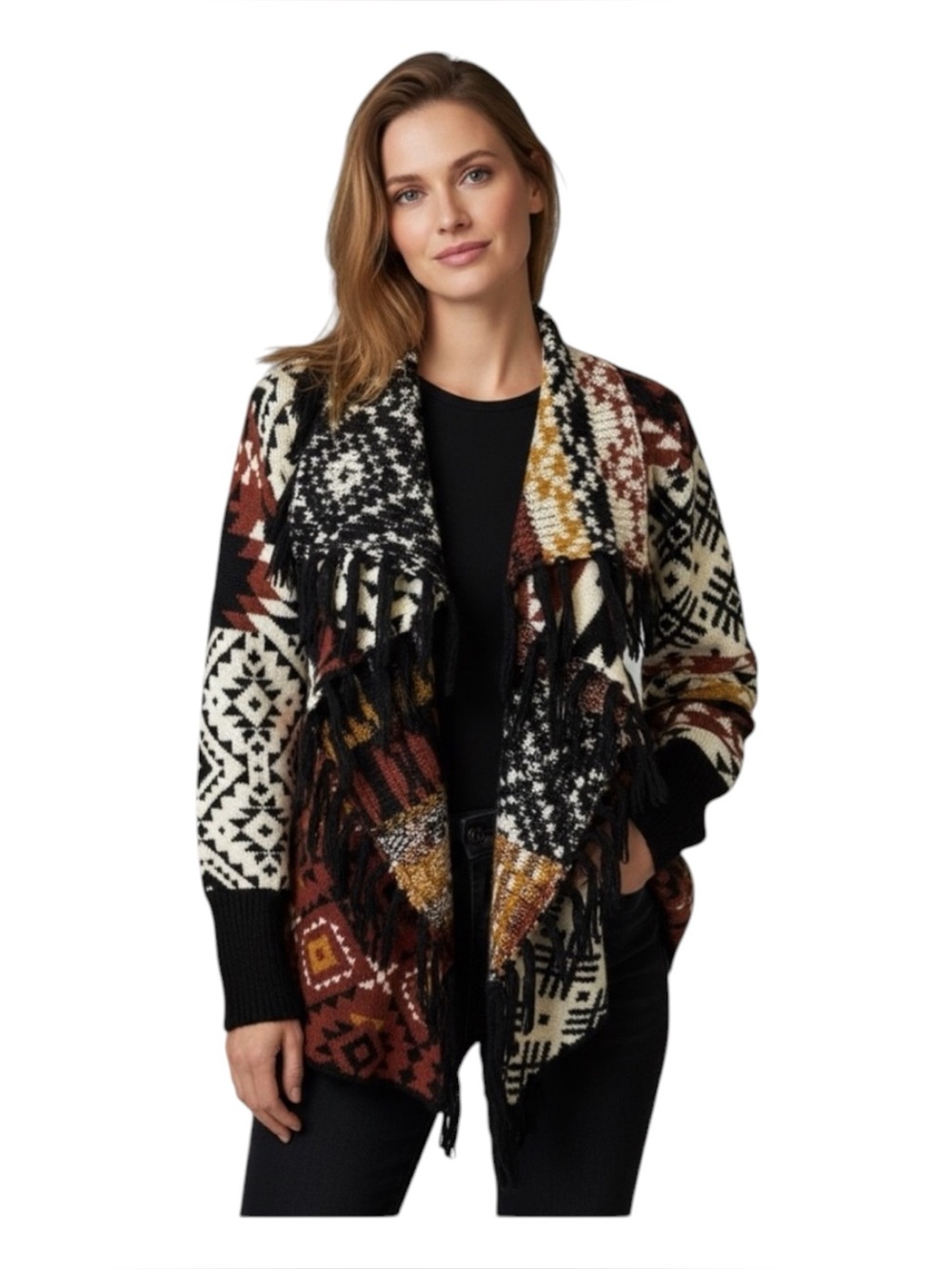 Idyllwind Southwestern Aztec Tribal Fringe Cardigan in Black, Cream, Rust M
